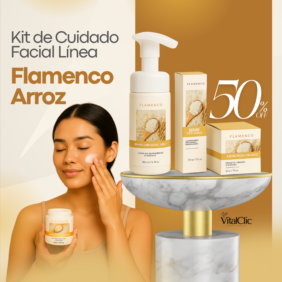 Kit De Cuidado Facial - Linea Flamenco Arroz (Limpiador + Sérum + Crema) 😍50% DE DESCUENTO😍